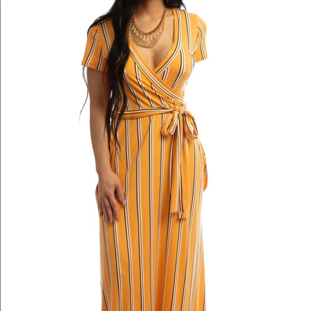 Stripe Short Sleeve Wrap Maxi Dress